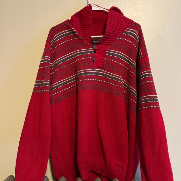 Nautica Red Shawl Collar Knit Sweater Men’s XXL Fair Isle Pullover Holiday - Picture 1 of 6